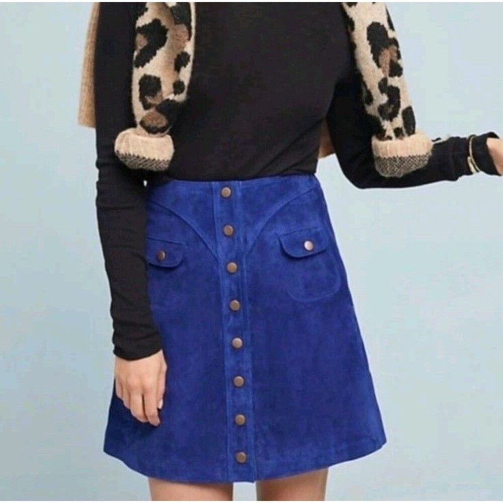 Anthropologie Skirt Women’s Leather Suede Mini Size 12 Blue